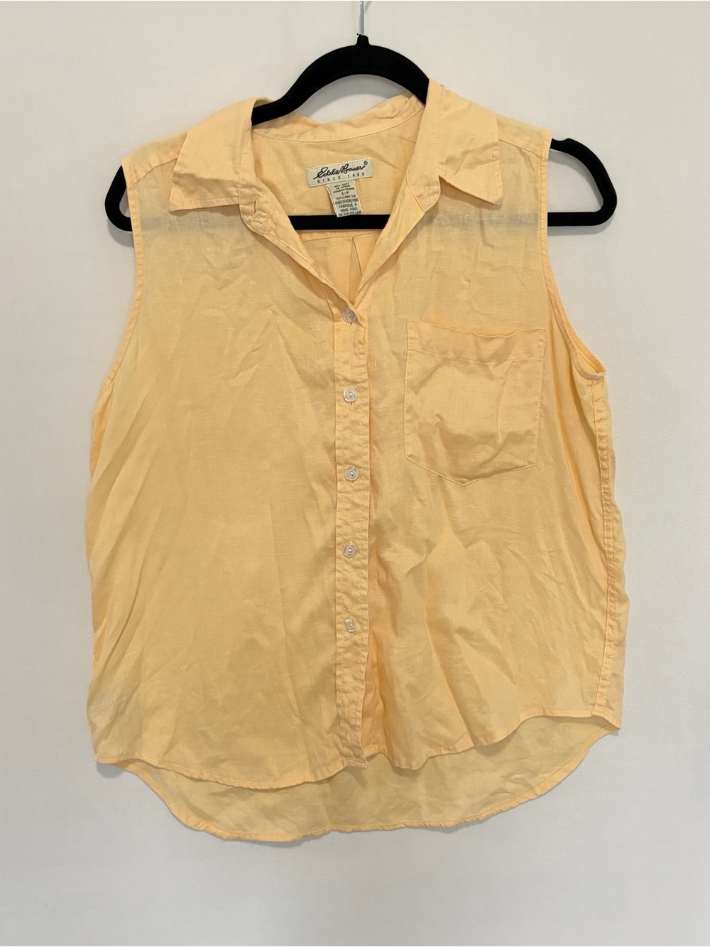 vintage Eddie Bauer yellow sleeveless button-up linen shirt Womens S Cottage 90s